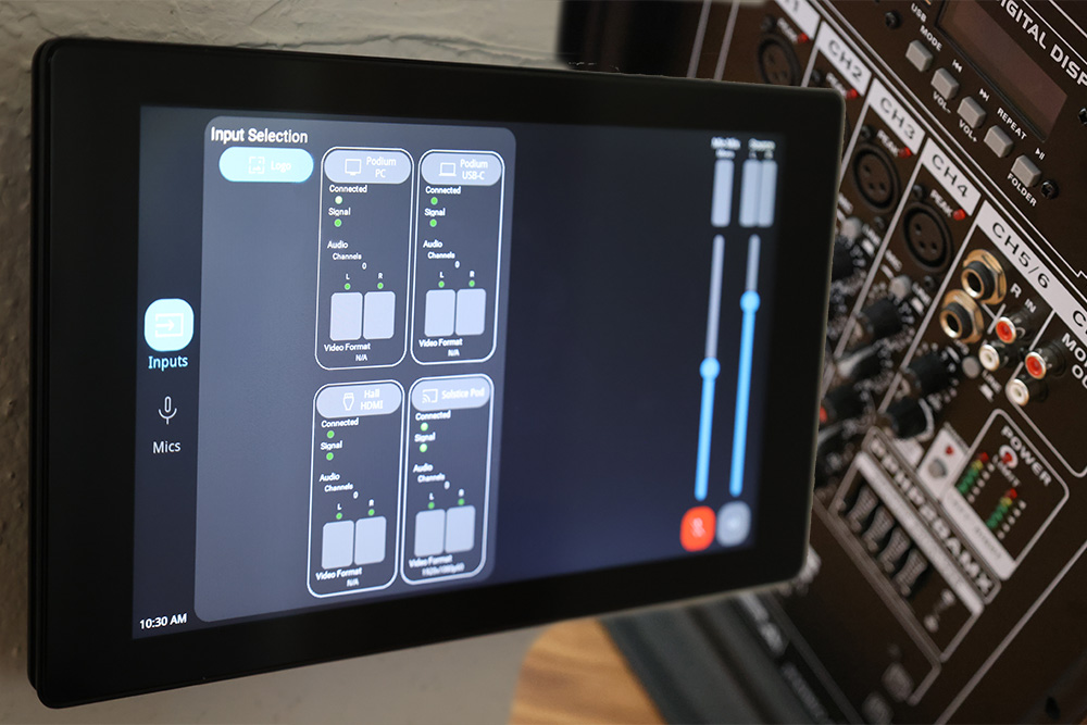 The main room inside has a digial control panel for video and audio sources, and we have a portable speaker system with sound board for indoor and outdoor use.