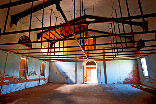A view of the interior where you can see the ceiling beams, showing what potential the Chapel still had